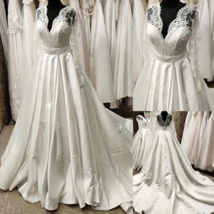 Elegantes vestidos de novia de satén mangas largas cuello en V encaje vestidos de novia talla grande - Imagen 1 de 10