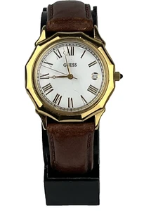 Reloj Vintage Guess 1992 Unisex Esfera Blanca Tono Dorado Cuero Marrón - BATERÍA NUEVA - Imagen 1 de 5