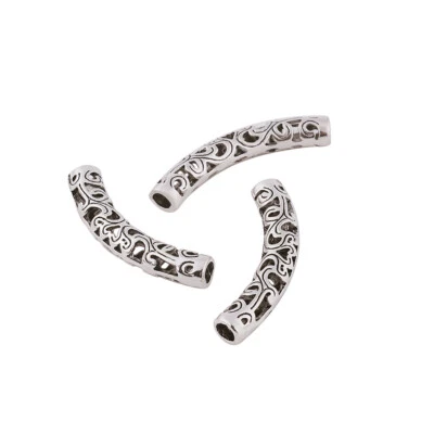 100pcs Tibetan Silver Alloy Beads Curved Tube Hollow Filigree Spacer 36.5x6x5mm - Image 1 of 4