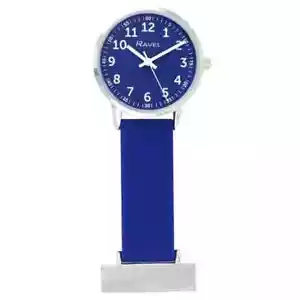 NEW RAVEL STAINLESS STEEL NURSE FOB WATCH BLUE DIAL EASY READ, SILICONE STRAP - Picture 1 of 1
