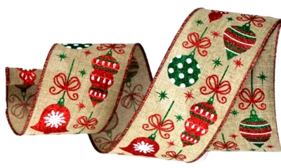 Christmas Vintage Ornaments 2.5" by 5 yards Wired Ribbon Red Green Glitter - Image 1 of 4