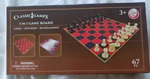 new Classic Games 3-in-1 Game Boards, Chess, Checkers, Backgammon 67-pc - Picture 1 of 2