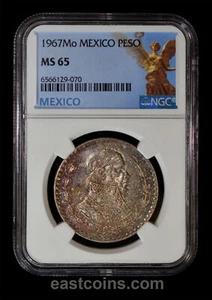 NGC MS65 1967 Mo Mexico 1 Silver Peso,  toned - Picture 1 of 4