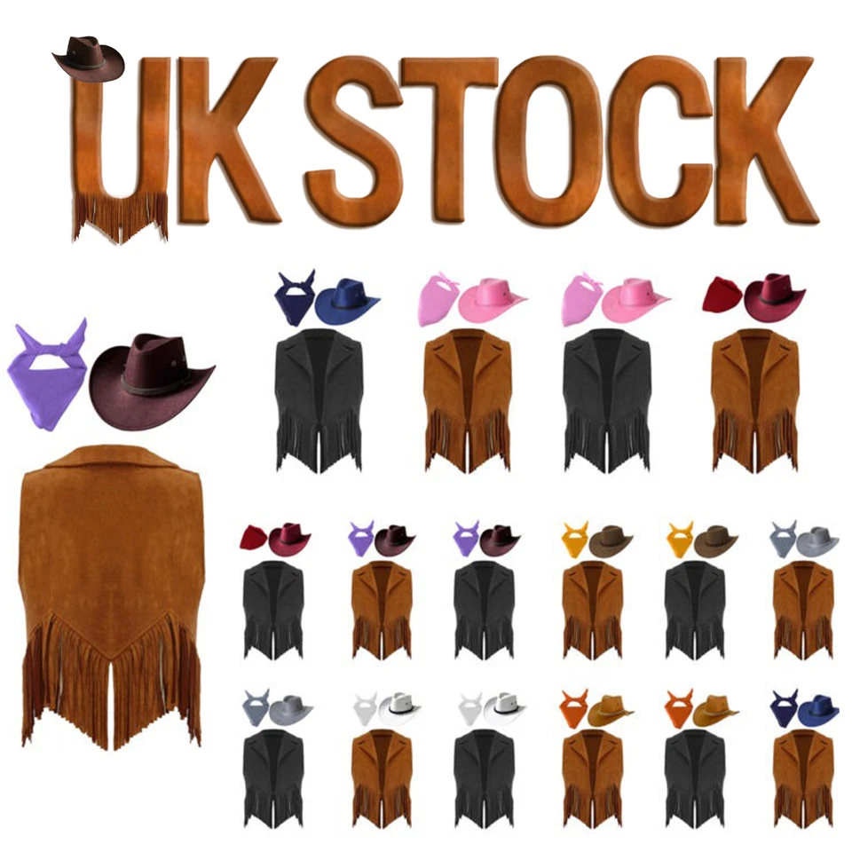 UK Girl's Western Cowgirl Cowboy Outfit Kids Suede Vest with Hat Bandana Costume - Image 1 of 1