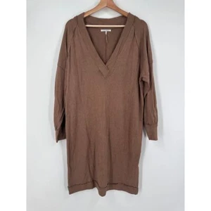 Stitch drop Knit Stretch V Neck Dress Womens S Exposed Seams Long Sleeve Brown - Picture 1 of 9