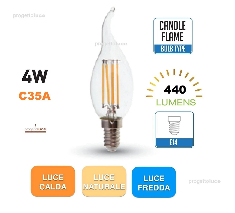 LAMPADINE LED 4W E14 LAMPADA FILAMENTO CANDELA FIAMMA SFERA TORTIGLIONE 440lm - Immagine 1 di 1