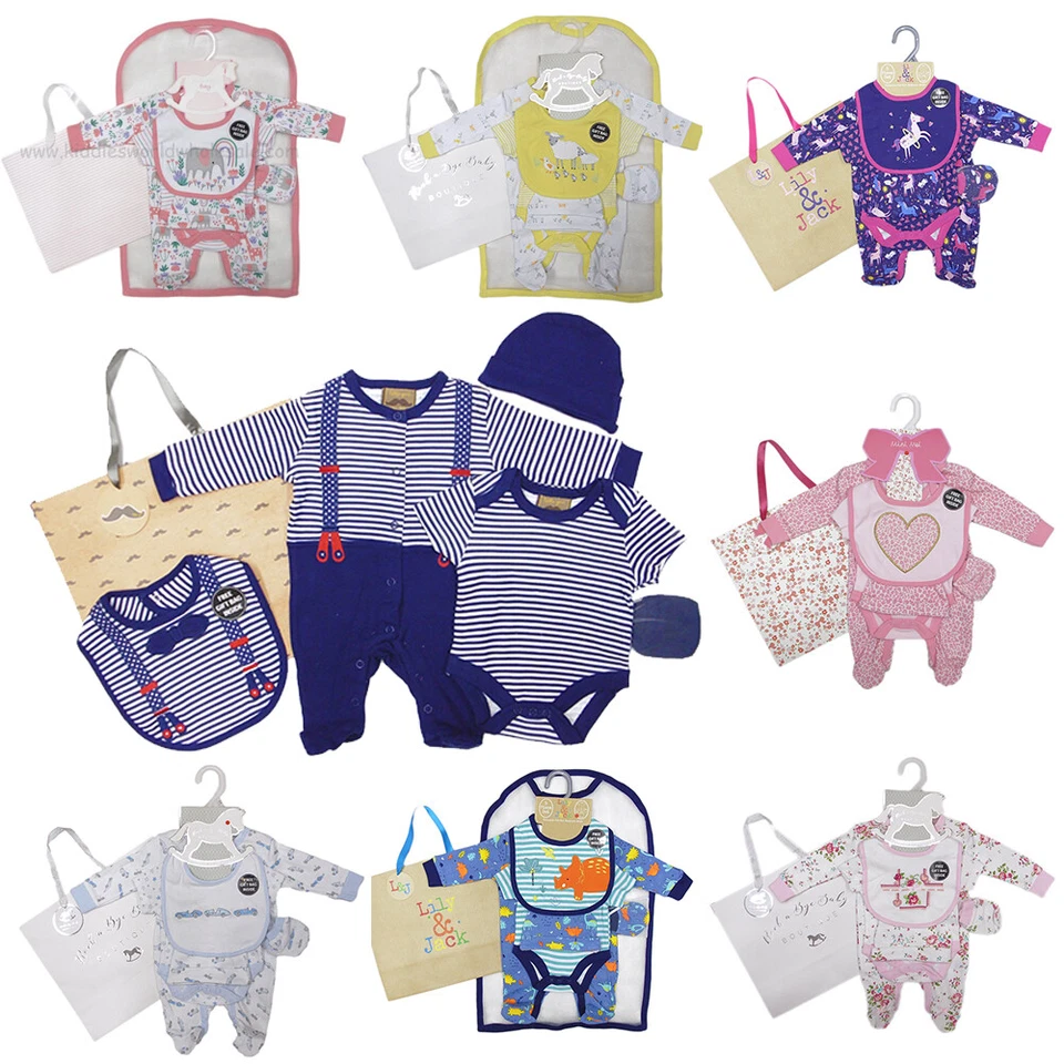 ROCKABYE-BABY, MINI MOI, LILY & JACK BABY CLOTHING GIFT SET GIRL BOY UNISEX SLEEPSUIT BABYGROW OUTFIT NEWBORN - 6 MON