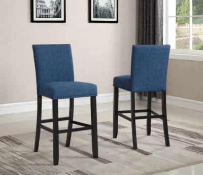 Blue Bar Stool Height Counter Fabric Chair Kitchen Seat Dining Wood Nail Head - Image 1 of 4