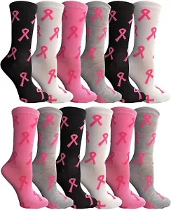 12 Pk Pink Ribbon Breast Awareness Ankle/Crew Socks Women Assorted Stripe,9-11 - Picture 1 of 6