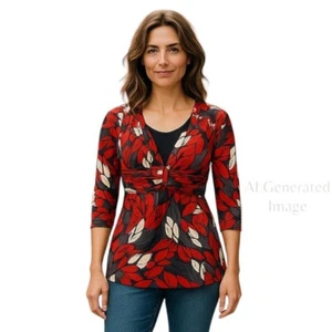 Blusa Pullover New Direction Roja Gris Floral Mangas 3/4 Imperio Cinturón Talla M - Imagen 1 de 10