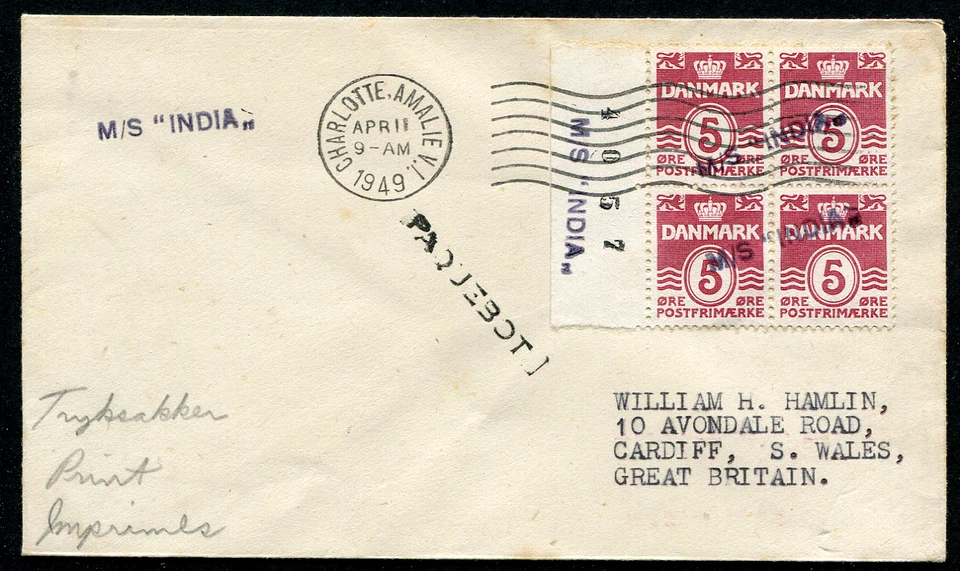 VIRGIN ISLANDS (25441): M/S “INDIA” paquebot/cancel/Denmark cover 1949 — 第 1/1 张图片
