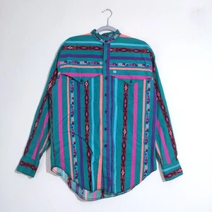 The Look Vintage Western Green Shirt Aztec Pattern Band Collar USA Made Size L - Picture 1 of 10