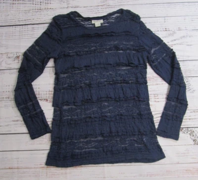 Ariat Western Cowgirl Navy Blue Lace Striped Long Sleeve Sheer Top Womens XL - Image 1 of 4