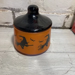 Vintage Halloween Indiana Glass Witch Bat Candy Jar With Lid Hazel Atlas C - Picture 1 of 6