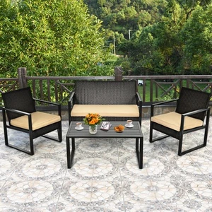 4PCS Outdoor Wicker Rattan Furniture Set Patio Conversation Set w/ Cushions - Picture 1 of 10
