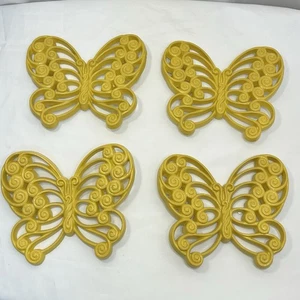 4 Appendiabiti da Parete Vintage 1977 Burwood Giallo Farfalla Decorazione Made in USA - Foto 1 di 8