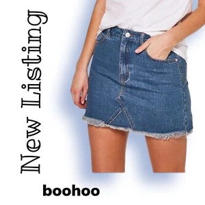 NWT Boohoo | Blue Denim Mini Skirt Size 8 High Wasted Frayed Hem pockets zipper - Picture 1 of 12