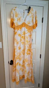 NWT Lulus Sweeten the Occasion Yellow Floral Lace Short Sleeve Maxi Dress Sz M - Picture 1 of 13