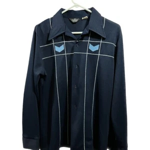 Vintage 1960s Clubman Sportwear - L Polyester Button Front Shirt - Navy - Picture 1 of 2