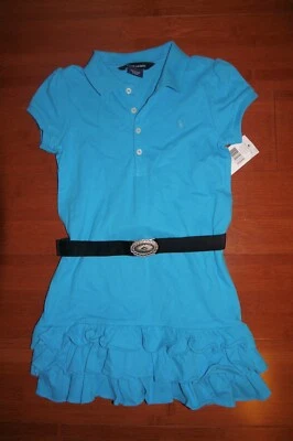 NWT Ralph Lauren Girls Blue Ruffle Hem Polo Dress  w/ Black Belt  Sz.  5 - Image 1 of 4