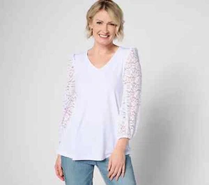 Top Susan Graver tejido líquido línea A con mangas blusa de encaje blanco XXS A634048 - Imagen 1 de 2