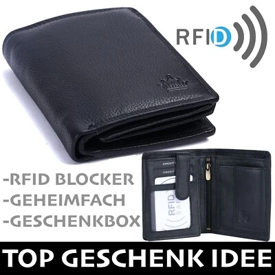 Geldbörse Herren Schwarz 100% Leder Portmonee RFID-schutz Geheimfach MANZA Neu