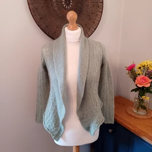 M&S Pistachio Green Mohair Blend Cardigan 10 Open Front Cottage Knit Spring - Picture 1 of 11