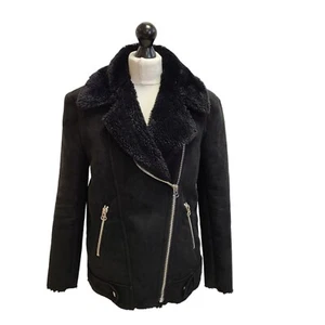 H&M Jacket Faux Fur Black Zipped Uk Women's 8-10 Eu 36 E834 - Picture 1 of 4