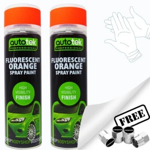 2 x 500ml Fluorescent ORANGE Bright High Visibility AUTOTEK Spray Paint+Glv+CP - Picture 1 of 7