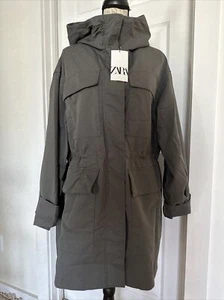 Zara Basic Gray Cargo Coat Size Large Womens Trench Hooded Full Zip - Picture 1 of 13