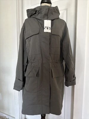 Zara Basic Gray Cargo Coat Size Large Womens Trench Hooded Full Zip - Image 1 of 4