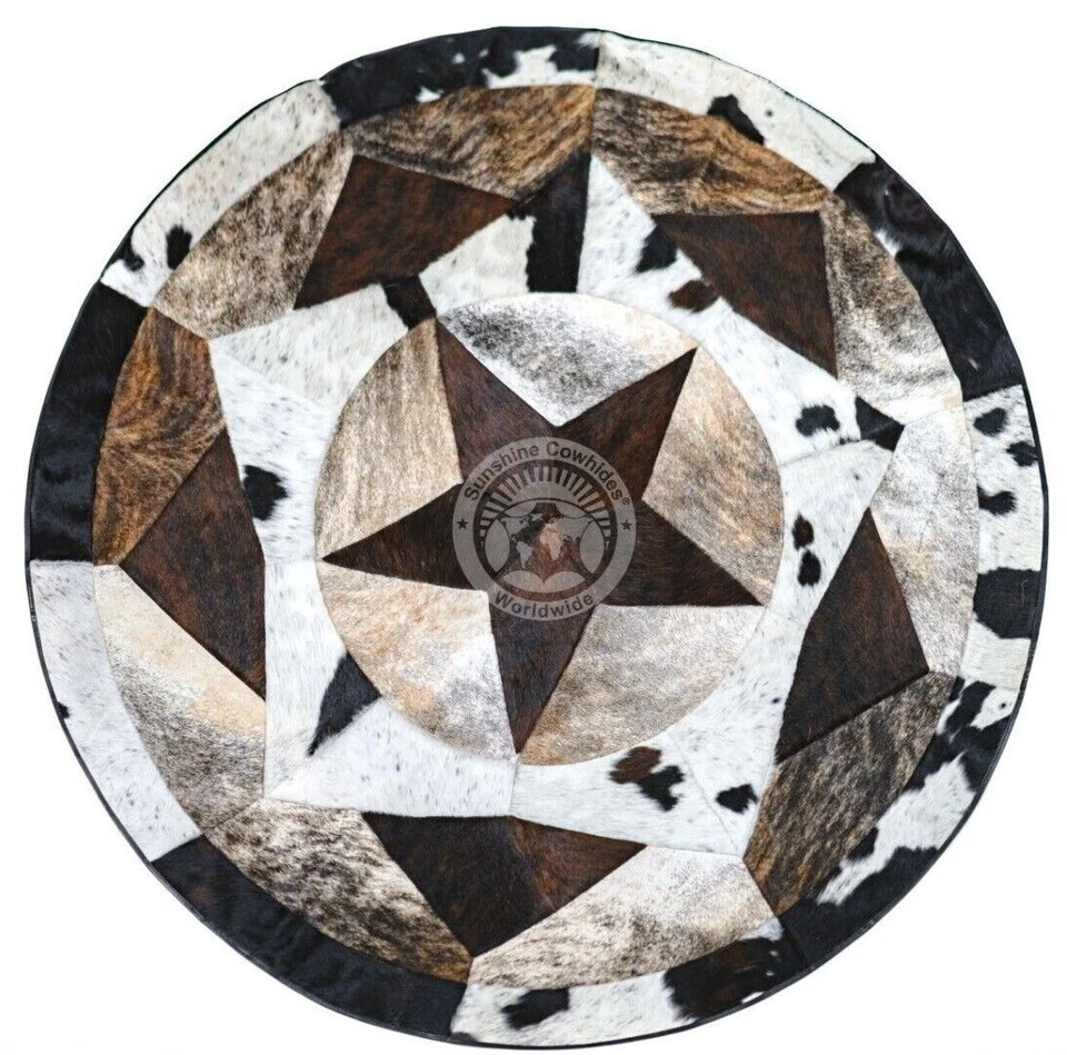 Tapete redondo de couro de vaca real tricolor multi estrela 80" - Imagem 1 de 4