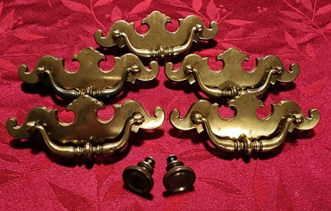 Vintage Brass Drawer Pulls (5) & Brass Knobs (2) Salvaged 1971 With Screws Cover