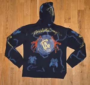 VTG Christian Audigier By Ed Hardy Gold Printed y2k Zip Hoodie Jacket AOP Sz S/M - Picture 1 of 9