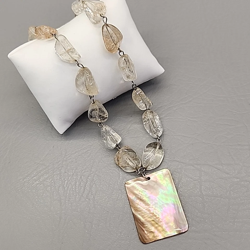 Beaded Quartz Necklace Shell Pendant Clear Natural Rock Crystal Nuggets 18" - Image 1 of 4