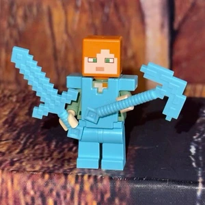 LEGO Minecraft Alex Minifigure Figure Blue Diamond Armor Pick Axe Sword - Picture 1 of 10