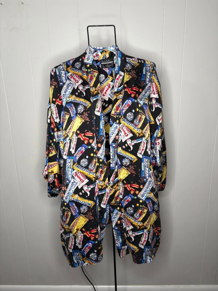 RARO Vintage Nicole Miller Bata de Seda Barras de Caramelo Raro Chocolate Estampado por Todas Partes M Foto 1 de 4