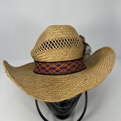 Винтажная мужская соломенная шляпа Vento 1960/70-е перья 1 дюйм лента, размер маленький, сделано в США - Изображение 1 из 4