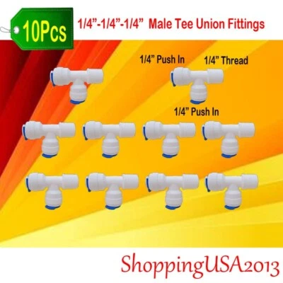 10 X 1/4"-1/4"- Male Tee Union Fitting Thread Push In Quick Connect Water Filter - Image 1 of 4