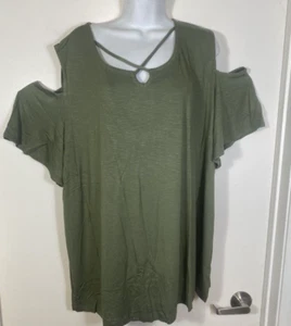 Catherines Tunic Tee Womens PLUS 2XWP 22-24 Olive Green SS Cold Shoulder NWT - Picture 1 of 12