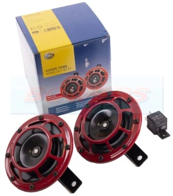 ORIGINAL HELLA SUPERTONE 12V PARRILLA ROJA BOCINAS DE DOBLE/DOBLE DISCO 118DB TONO ALTO/BAJO Foto 1 de 2