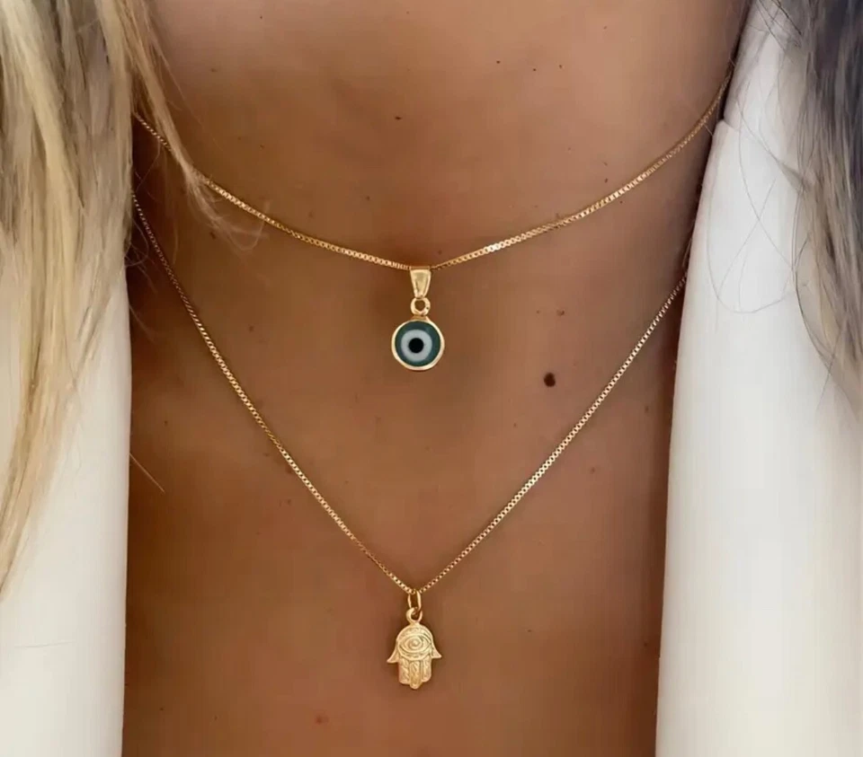 Zweireihige Halskette blaues Auge & Fatima Hand gold 14k - Bild 1 von 1