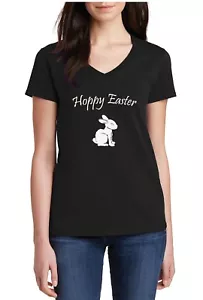 Women's V-neck Hoppy Easter Shirt Cute Bunny Graphic Spring Holiday Outfit Gift - Picture 1 of 3