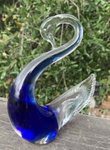 Vintage MCM Cobalt Blue to Clear Murano Art Glass 6" Swan Figurine - Picture 1 of 7