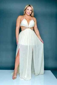 Maxi Vestido Halter Marfil Talla Grande 2X Corte Alto Abertura Alta Alto - Imagen 1 de 3