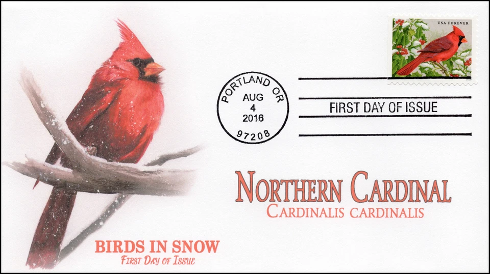 2016, Songbirds in Snow, Northern Cardinal, FDC, 16-241 - Image 1 of 1