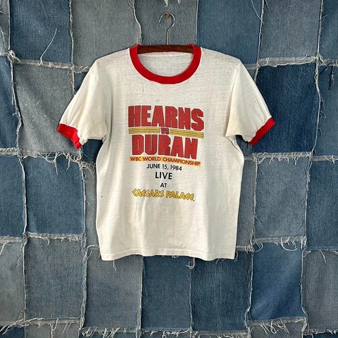 Vintage 80s Thomas Hearns Vs Roberto Duran Boxing Ringer Shirt White Size M Cover