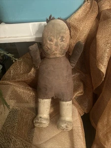 Antique Cloth Doll w/Hard Plastic Shoes Appr 13”x 11” around /some hair - Picture 1 of 10