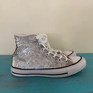 Converse Chuck Taylor All Star hohe Damen-Sneaker silberfarben Pailletten Größe 7 - Bild 1 von 11