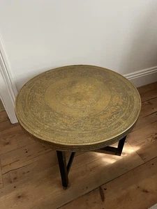 Antique Brass Oriental Table Folding Wood Gold Tray Circular Decorative embossed - Picture 1 of 10